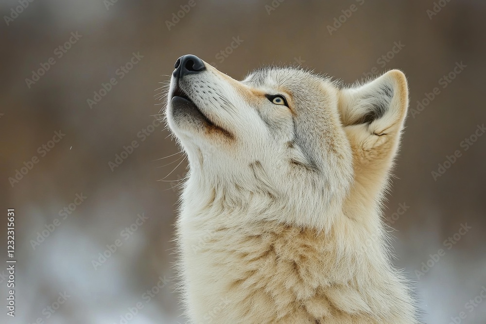 Fototapeta premium Wolf gazes upwards in a serene winter landscape showing intricate fur details and a calm expression