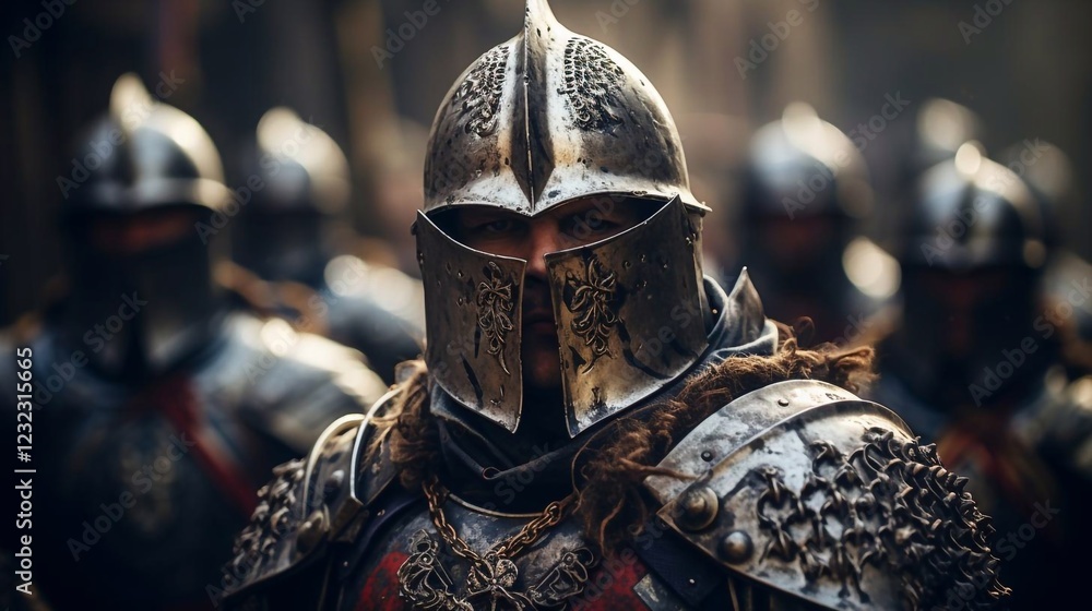 Medieval Knight Wearing Armour and Helmet, Draws Sword from Shearh, Ready to Fight, Kill His Enemy in Battle. Warrior Soldier on Battlefield. War, Invasion, Crusade. Cinematic Historic Reenactment Medieval Knight Wearing Armour and Helmet, Draws Sword from Shearh, Ready to Fight, Kill His Enemy in Battle. Warrior Soldier on Battlefield. War, Invasion, Crusade. Cinematic Historic Reenactment