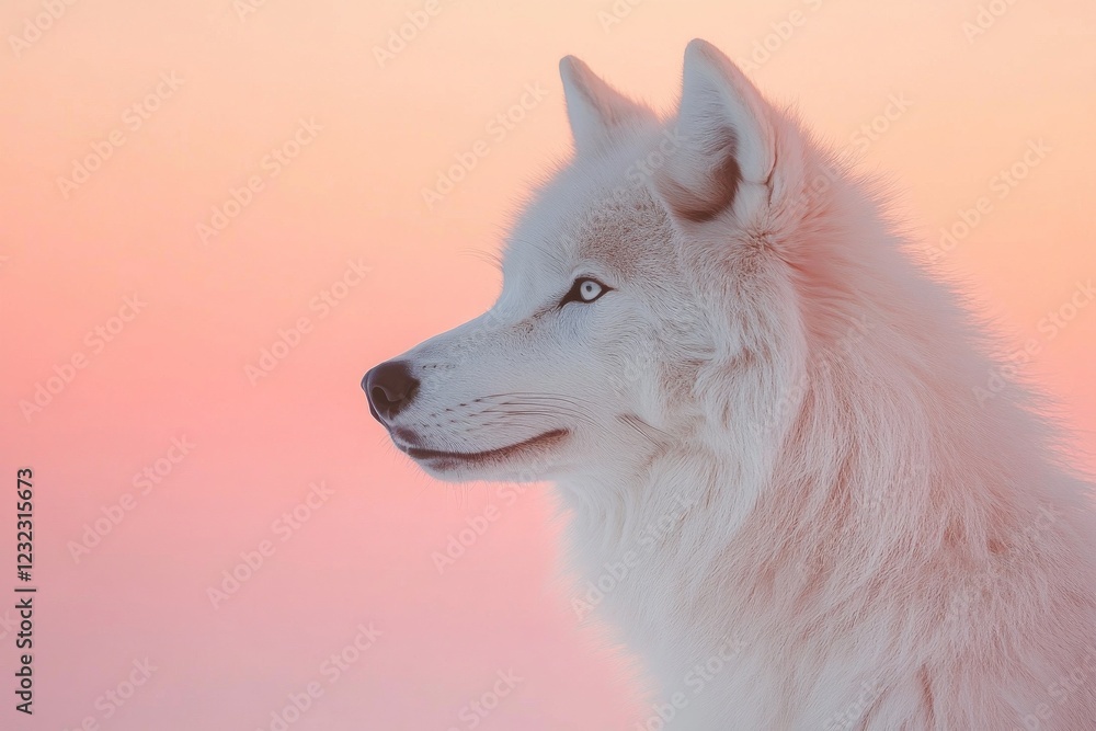 Fototapeta premium Majestic white wolf gazes into the horizon during sunset with soft pastel sky in the background