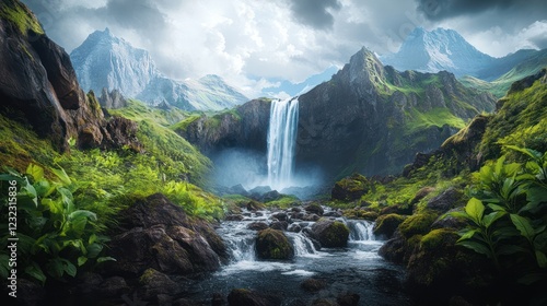 Majestic waterfall cascading down rocky mountains, lush greenery, dramatic sky; nature backdrop
