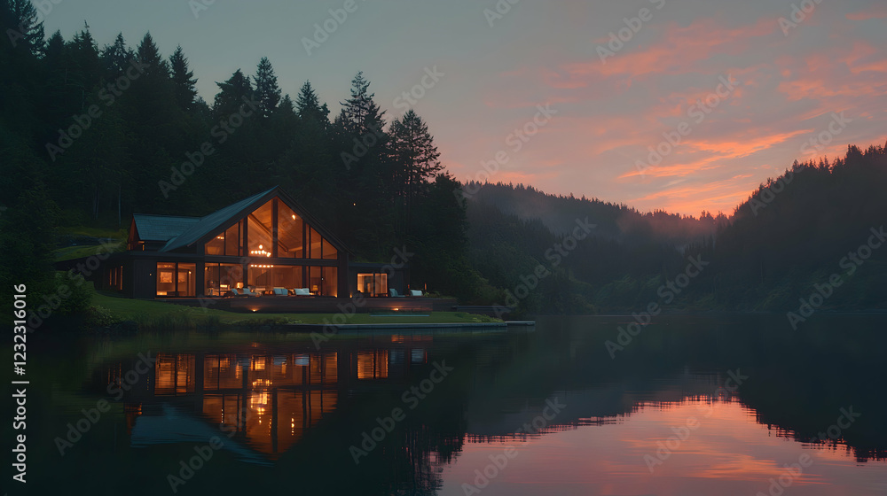 Fototapeta premium Lakeside modern house at sunset, forest background, luxury home