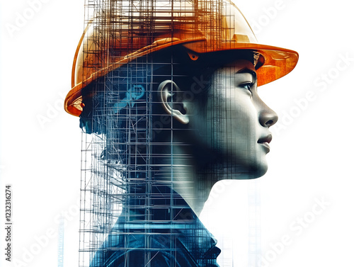 Artistic double exposure of a female engineer wearing a safety helmet, combined with architectural structures. Symbolizing innovation, engineering, and the future of construction through technology photo