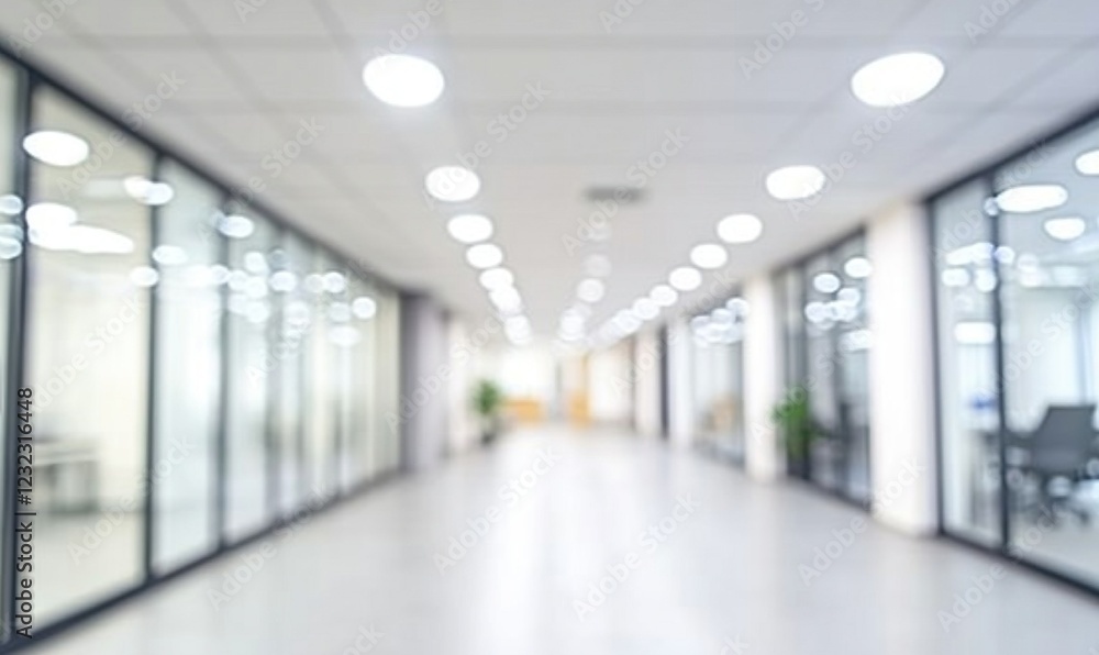 Obraz premium Blurred office hallway with glass walls, bright lights, and plants, ideal for business backgrounds
