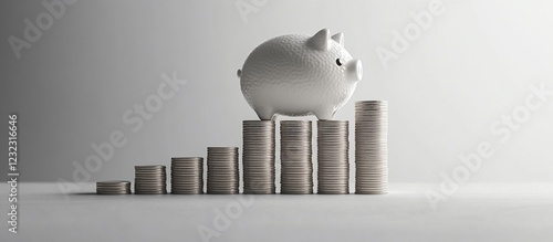 White piggy bank atop ascending stacks of coins, symbolizing savings growth and finance photo