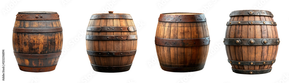 Fototapeta premium Set of wooden barrel isolated on transparent background