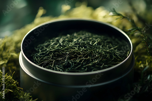 Close-up of premium dried gyokuro sencha tea leaves in a tin container, ideal for promoting quality tea products photo