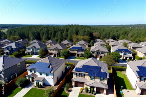 A bird's-eye view of a neighborhood with multiple houses, each featuring solar panels on their rooftops