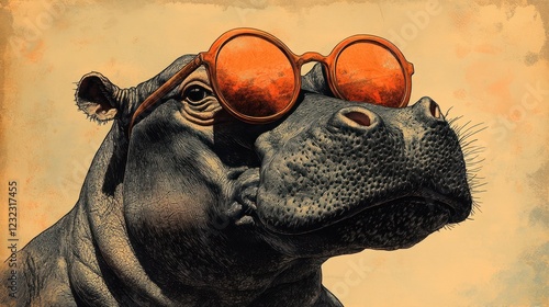 A hand-drawn hippo (Hippopotamus) in hipster style, designed for a logo, badge, or tattoo artwork photo