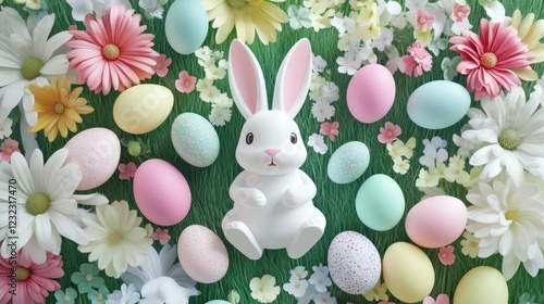The Easter bunny is surrounded by bright Easter eggs and flowers, creating an atmosphere of joy and celebration. The vibrant colors and spring elements highlight the joy and renewal of Easter