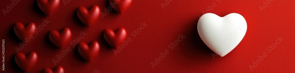 A lone white heart contrasted by several red hearts, suspended on a red background A lone white heart contrasted by several red hearts, suspended on a red background
