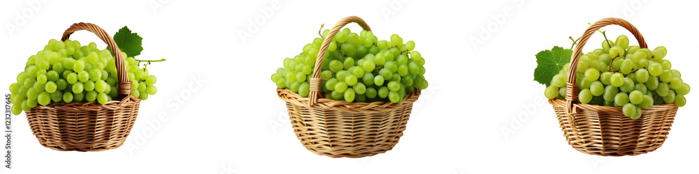 Green grapes in a wicker basket isolated on transparent background, PNG, Set of Green grapes in a wicker basket isolated on transparent background, PNG, Set of