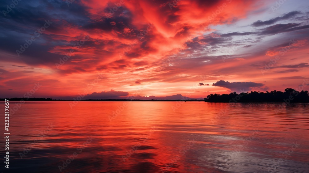 Breathtaking Sunset Reflection Over a Calm River - A Vibrant Display of Nature's Colors Breathtaking Sunset Reflection Over a Calm River - A Vibrant Display of Nature's Colors