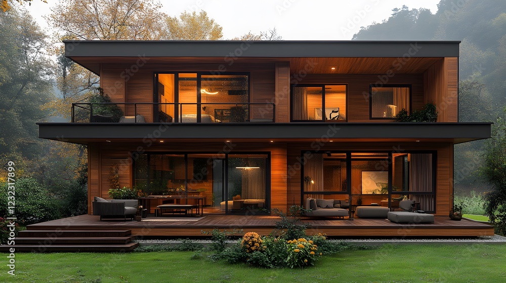Minimalist architectural wooden home with a raised base, large balcony for scenic views, peaceful garden surroundings Minimalist architectural wooden home with a raised base, large balcony for scenic views, peaceful garden surroundings