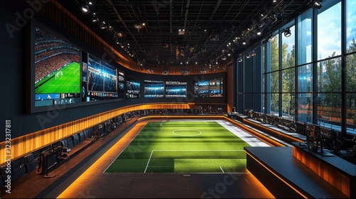 Modern sports bar with a large screen showing a soccer match, a bar, and a small artificial turf field.