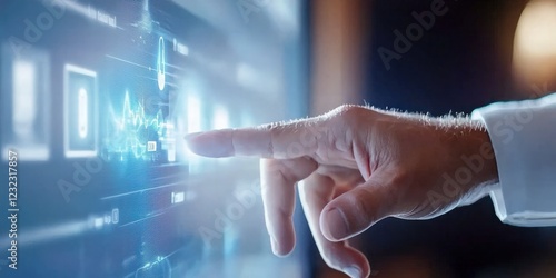 Close Up of a Human Hand Interacting with a Futuristic Digital Interface Display
