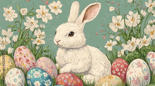 The Easter bunny is surrounded by bright Easter eggs and flowers, creating an atmosphere of joy and celebration. The vibrant colors and spring elements highlight the joy and renewal of Easter