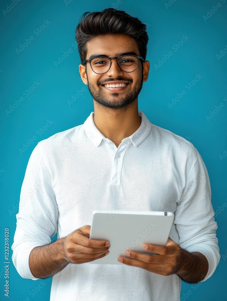 Happy indian young man using digital tablet isolated on blue background. Smiling ethnic student guy holding pad remote learning in app, studying or communicating, surfing online, reading e book. Happy indian young man using digital tablet isolated on blue background. Smiling ethnic student guy holding pad remote learning in app, studying or communicating, surfing online, reading e book.