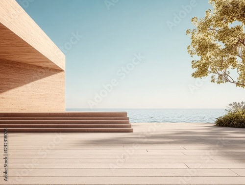 Modern architecture by the seaside with minimalist design and clear skies in afternoon light photo