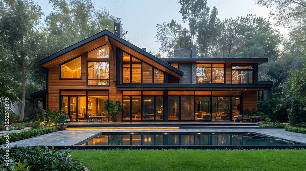 Modern A-frame house with wooden beams and steel roof, surrounded by lush greenery, large glass windows reflecting the sky