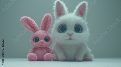 Fluffy bunnies studio shot, pastel background, children's book photo