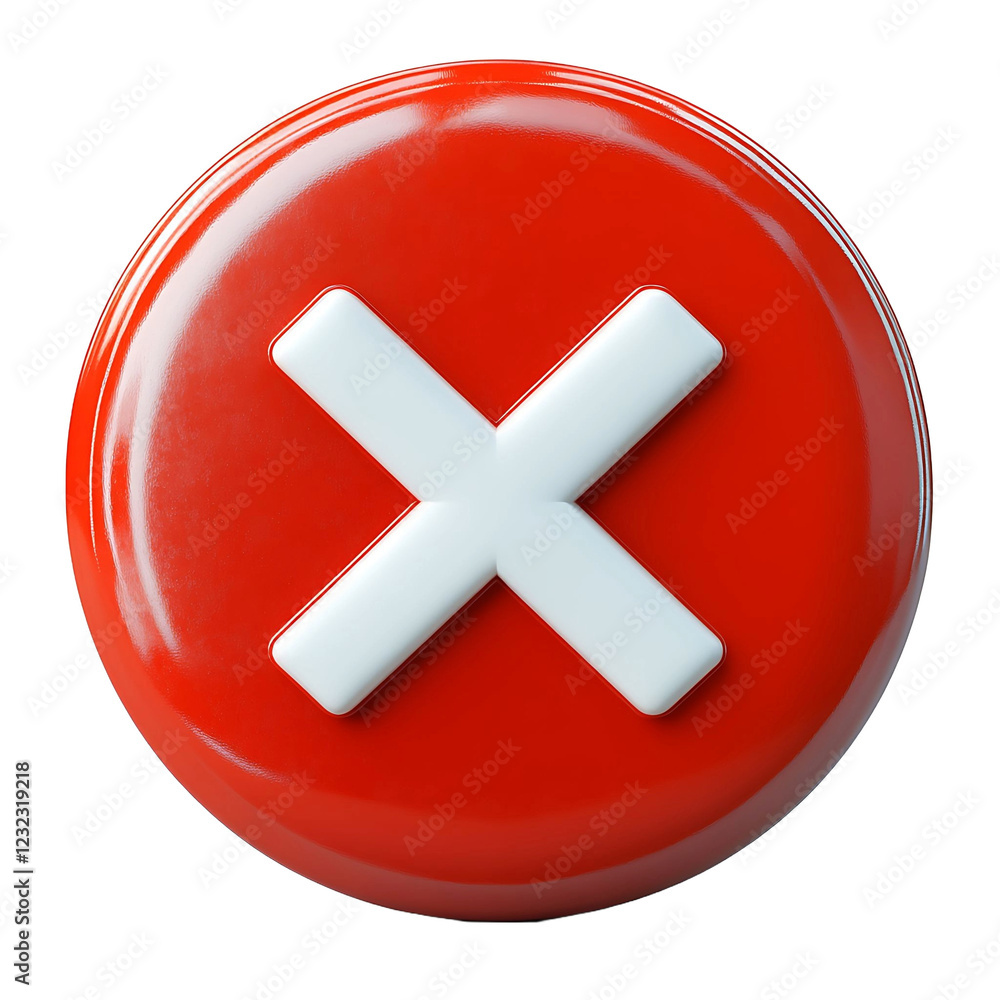Fototapeta premium White cross X mark on red circle button. No or incorrect sign. 3D render vector icon in cartoon minimal style. White background.