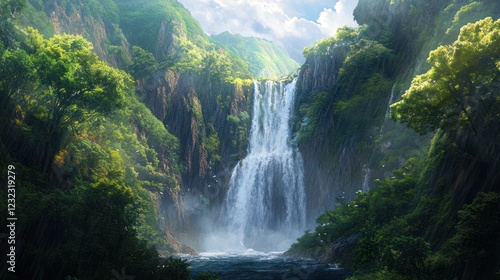 Lush Waterfall in Mountainous Jungle Paradise