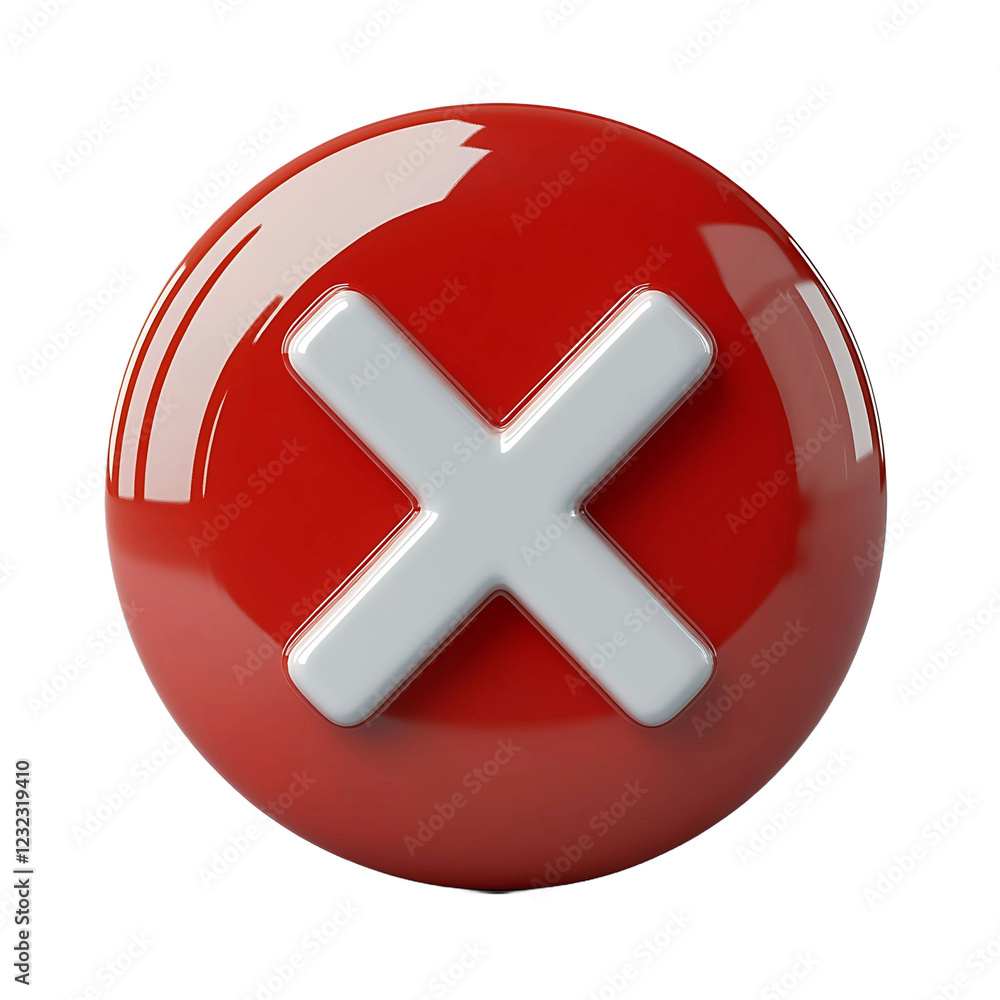 Fototapeta premium White cross X mark on red circle button. No or incorrect sign. 3D render vector icon in cartoon minimal style. White background.