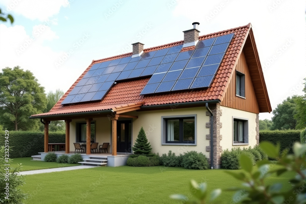 A modern suburban house with solar panels installed on its roof, surrounded by a lush green lawn and clear blue skies.. A modern suburban house with solar panels installed on its roof, surrounded by a lush green lawn and clear blue skies..