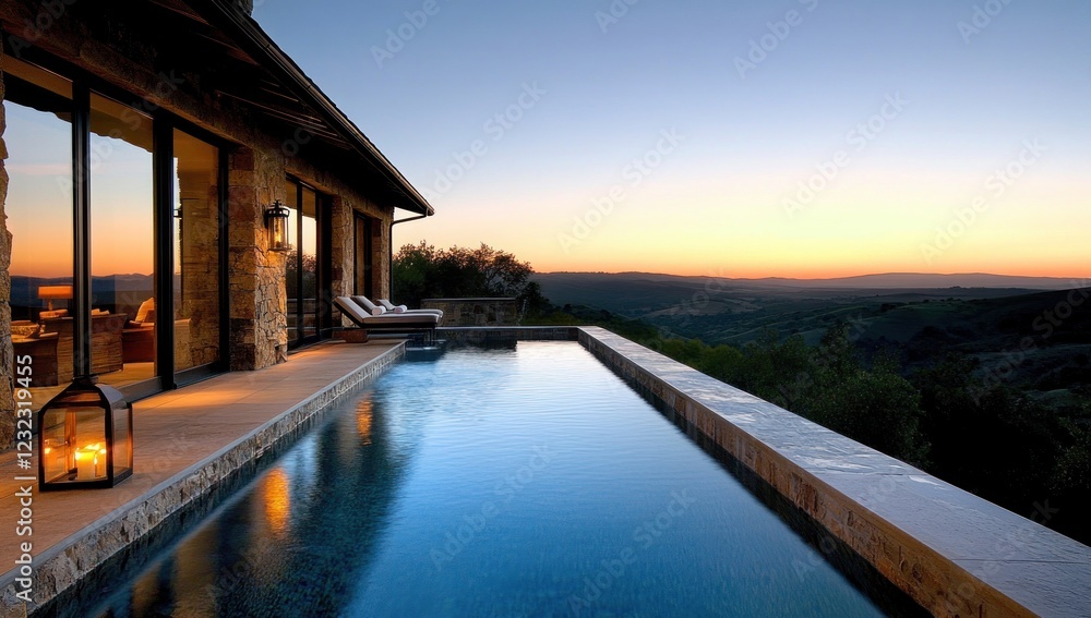 Obraz premium Sunset Serenity: Infinity Pool and Tuscan Villa