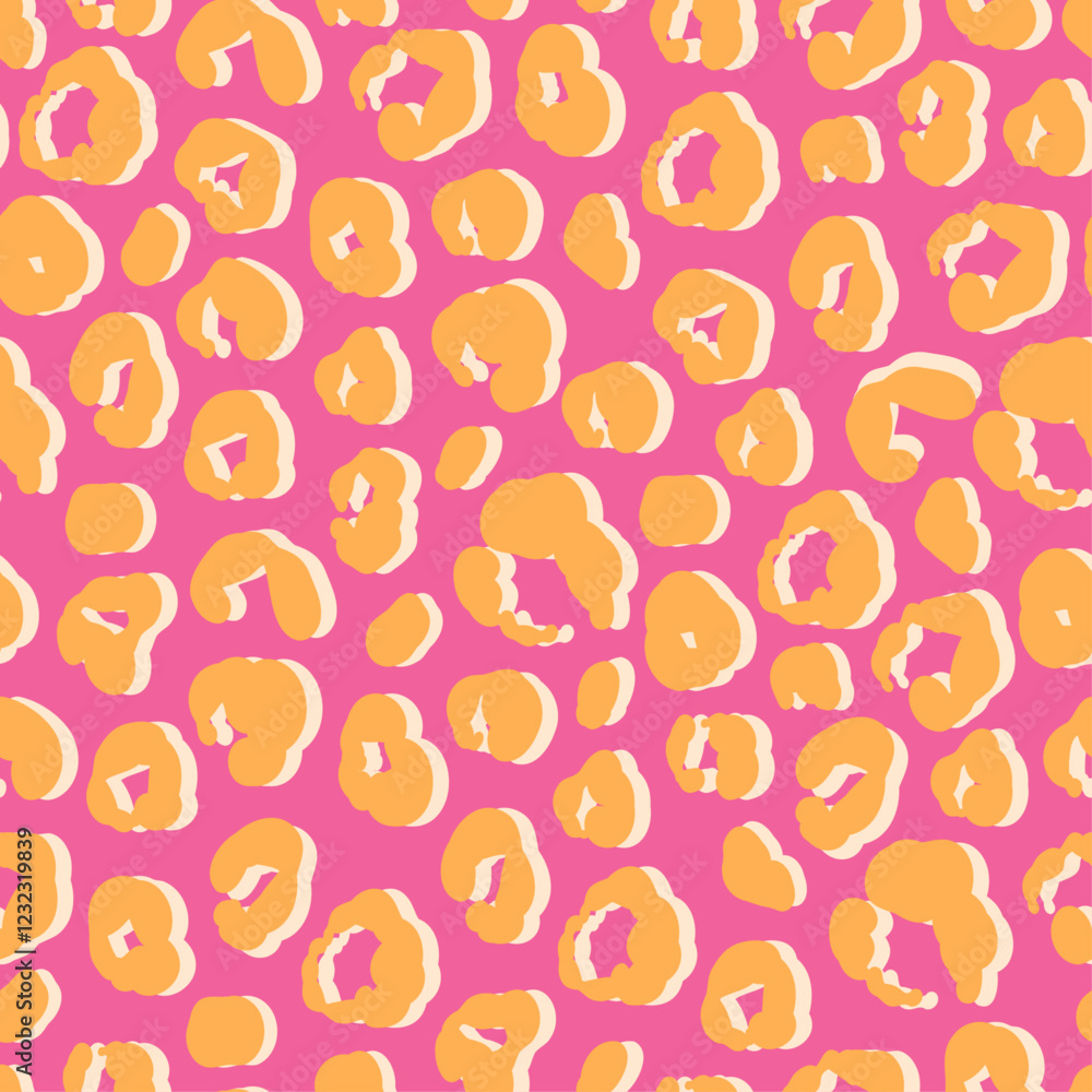 Abstract leopard seamless pattern, flat vector illustration. Trendy Y2K animal skin stylized background for fabric, textile and wrapping paper. Pink and orange colors. Abstract leopard seamless pattern, flat vector illustration. Trendy Y2K animal skin stylized background for fabric, textile and wrapping paper. Pink and orange colors.