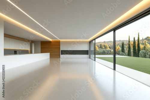 Modern minimalist interior design with large windows overlooking a lush landscape