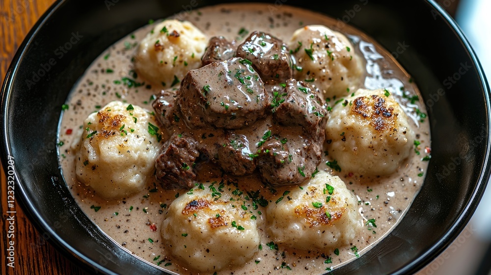 Delicious beef stew with dumplings in creamy sauce, garnished with herbs on a wooden table Delicious beef stew with dumplings in creamy sauce, garnished with herbs on a wooden table