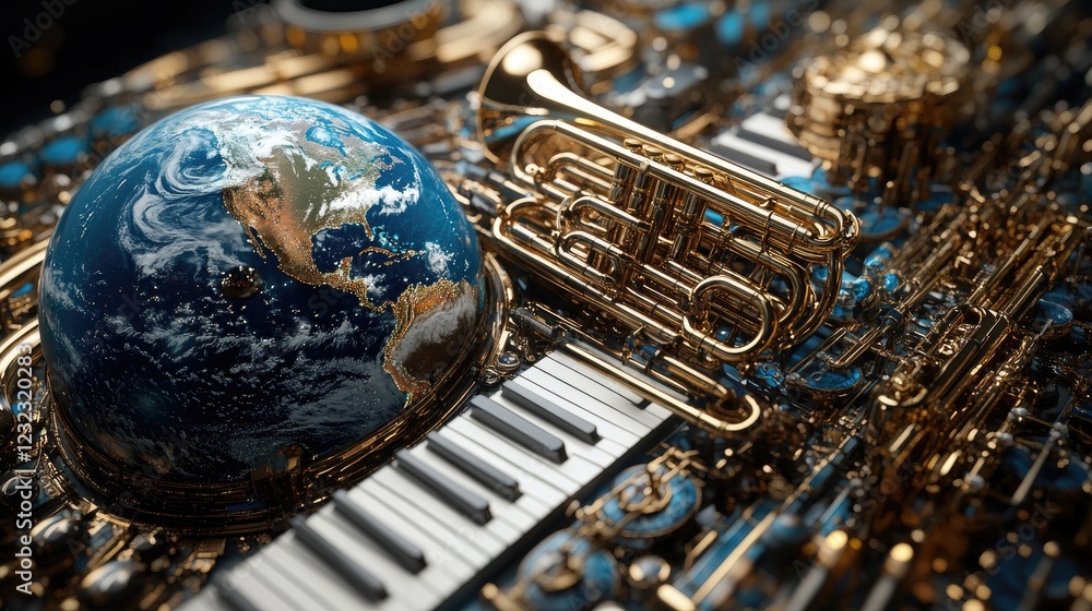 A golden trumpet rests on a piano keyboard, with a globe of Earth behind it, symbolizing music's universal appeal. A golden trumpet rests on a piano keyboard, with a globe of Earth behind it, symbolizing music's universal appeal.