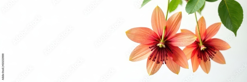 Fototapeta premium Two contrasting colored passion flowers, hanging, isolated on pure white background , white, colorful, design