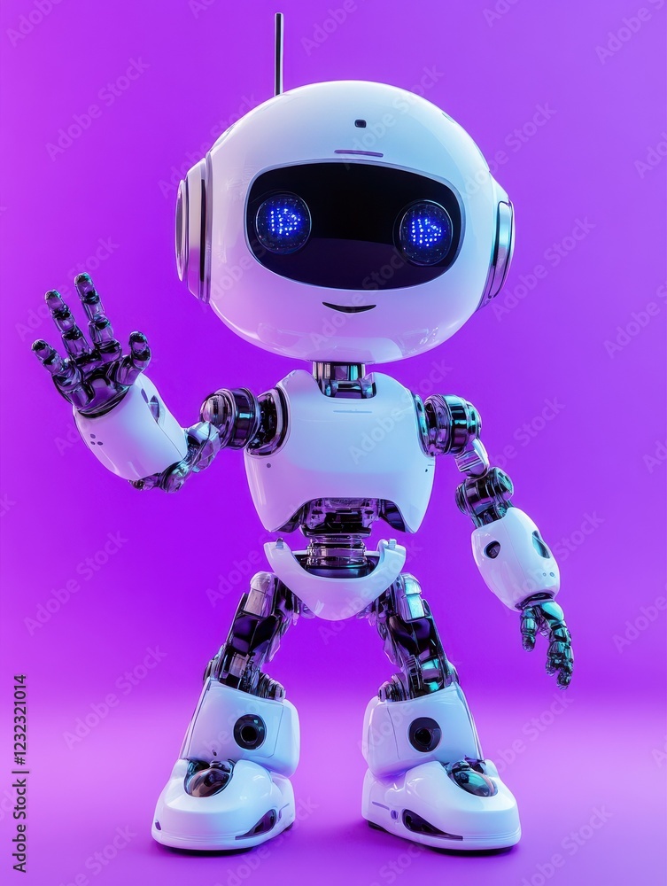3D robot in purple background with hand up, expressing hello or support. Friendly chatbot renders for technology and robotic toy concepts. 3D robot in purple background with hand up, expressing hello or support. Friendly chatbot renders for technology and robotic toy concepts.