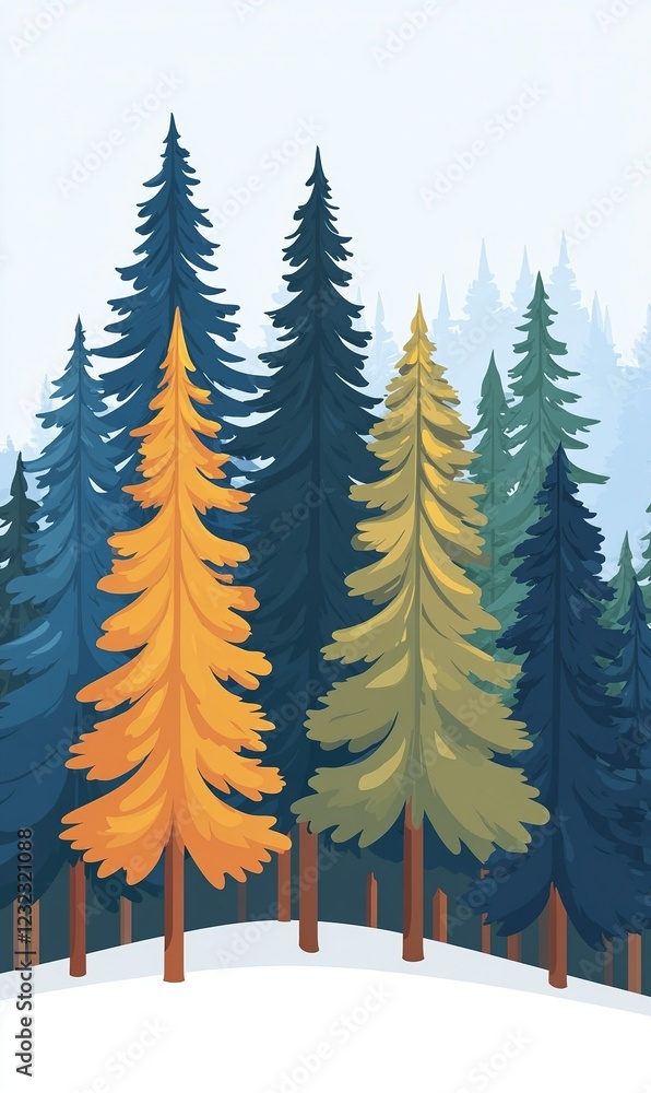 Fototapeta premium Colorful pine trees in snowy winter forest landscape background, ideal for nature themes