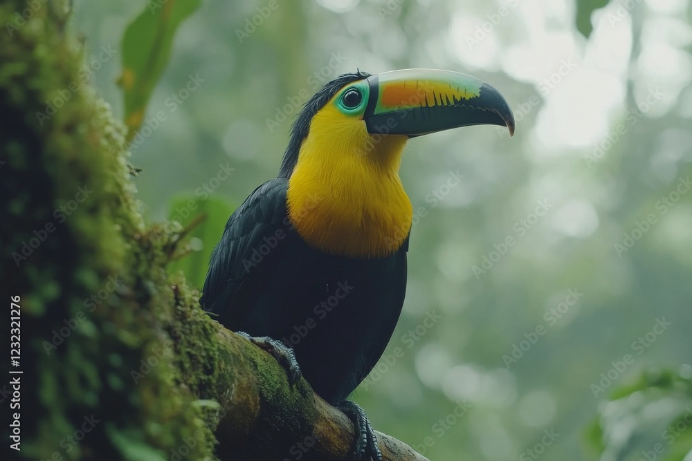 Colorful toucan perches on a branch in a lush rainforest during early morning light Colorful toucan perches on a branch in a lush rainforest during early morning light