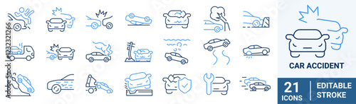 Car accident web line icons. Frontal Collision, Broken Car, Damaged Elements and more.