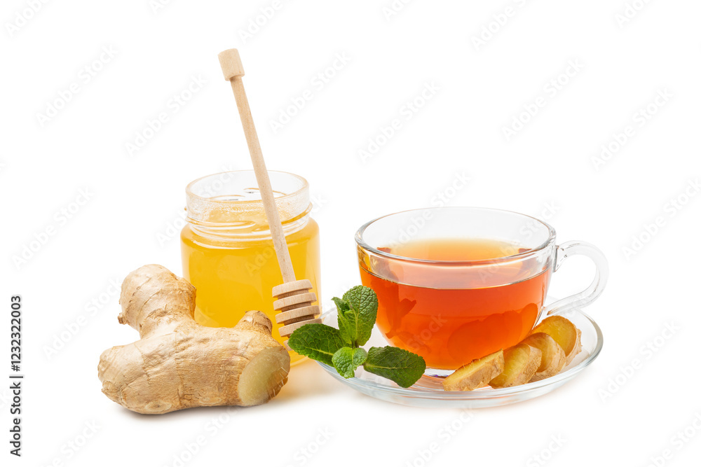 Cup of hot ginger tea with slices of ginger root isolated on white background. Warming drink. Alternative medicine. Tea with honey, lemon, ginger and mint. Cup of hot ginger tea with slices of ginger root isolated on white background. Warming drink. Alternative medicine. Tea with honey, lemon, ginger and mint.