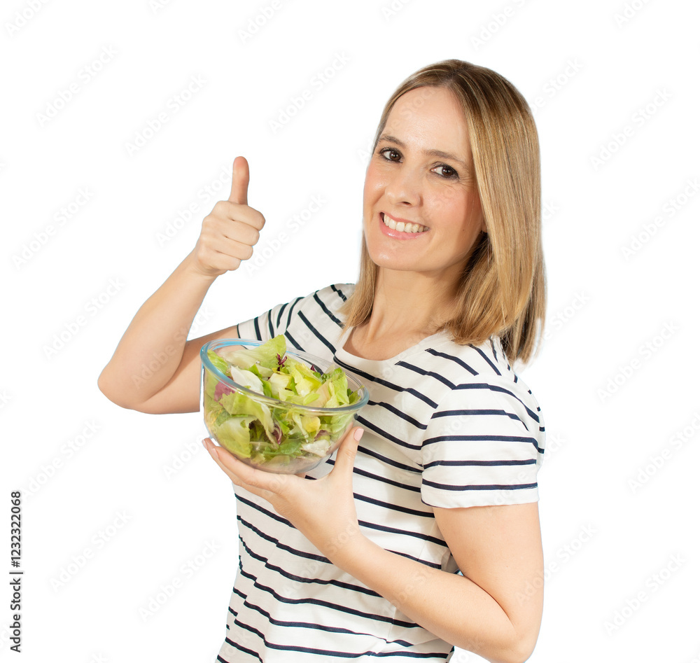 Woman diet concept portrait. Young woman holding green salad isolated over transparent background. PNG transparent Woman diet concept portrait. Young woman holding green salad isolated over transparent background. PNG transparent
