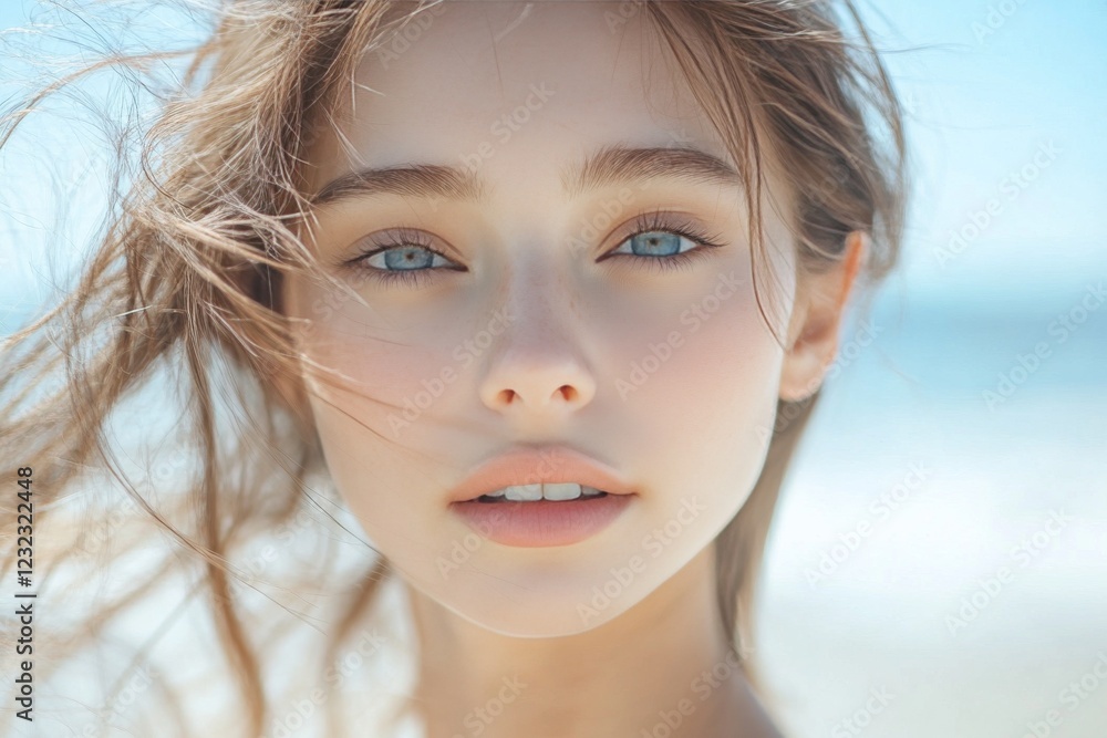 Young woman with flowing hair enjoys bright day by the ocean with clear blue eyes and soft natural makeup Young woman with flowing hair enjoys bright day by the ocean with clear blue eyes and soft natural makeup