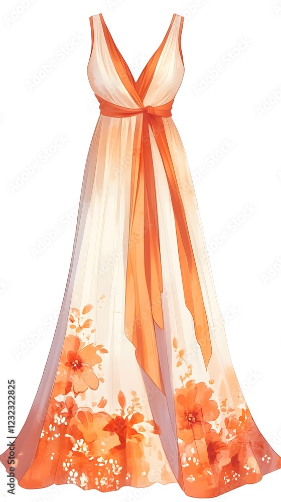 Obraz premium A beautiful long dress with floral patterns in peach and orange colors, with an elegant V-neckline and flowing skirt 
