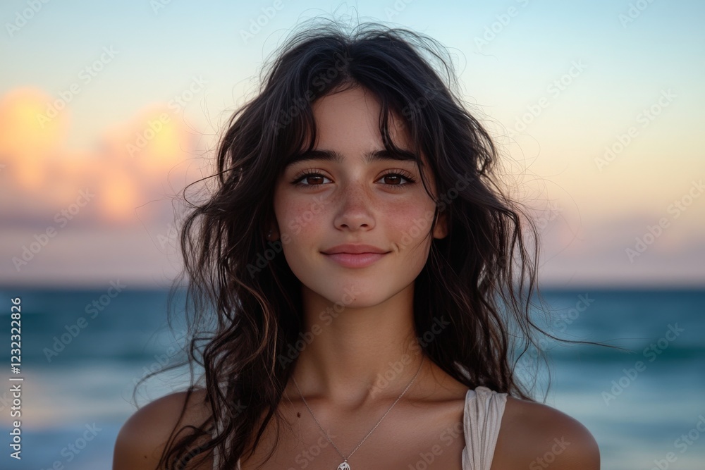 Young woman smiling by the ocean at sunset with waves in the background during a serene beach moment Young woman smiling by the ocean at sunset with waves in the background during a serene beach moment