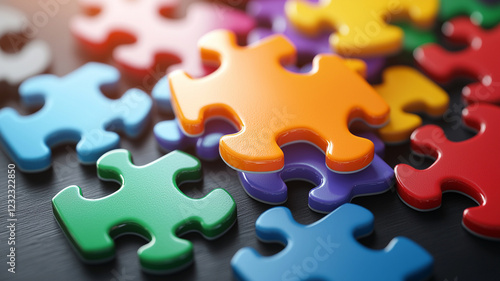 Colorful jigsaw puzzle pieces scattered on a textured surface, with vibrant hues creating a playful atmosphere