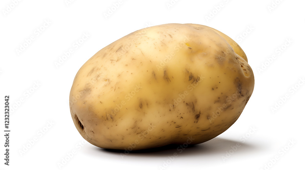 A large, unpeeled potato sits on a white background A large, unpeeled potato sits on a white background