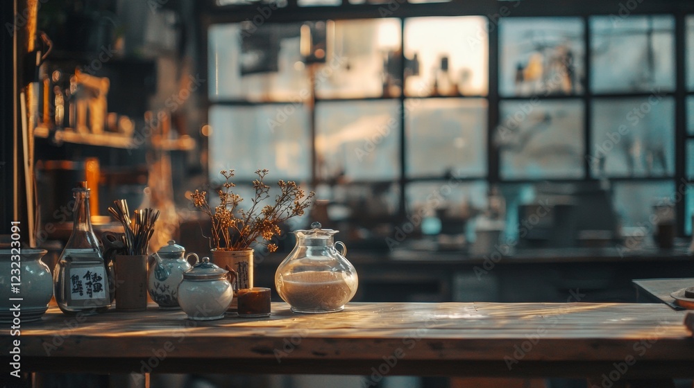Cozy table setting with flowers and books Cozy table setting with flowers and books
