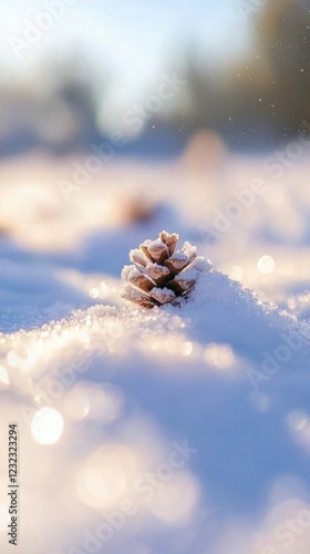 Closeup of a Snow-Covered Pinecone Sparkling in Sunlight During a Winter Morning