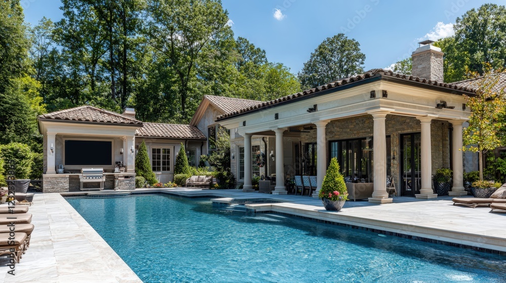 Fototapeta premium Luxurious Backyard Oasis Mediterranean-Style Pool and Patio