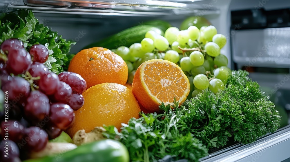 A refrigerator interior displaying an abundant variety of fresh colorful produce including fruits vegetables herbs A refrigerator interior displaying an abundant variety of fresh colorful produce including fruits vegetables herbs