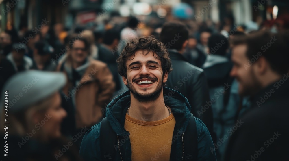 Smiling man in a crowd with dark hair. Smiling man in a crowd with dark hair.